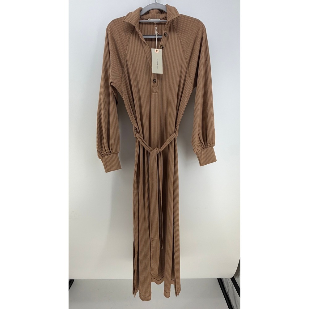 In Loom Maxi Dress Women Medium Brown Ribbed Knit Henley Long Sleeve Boho Preppy